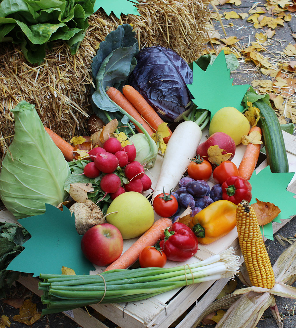 Bild mit frischem Obst und Gemüse